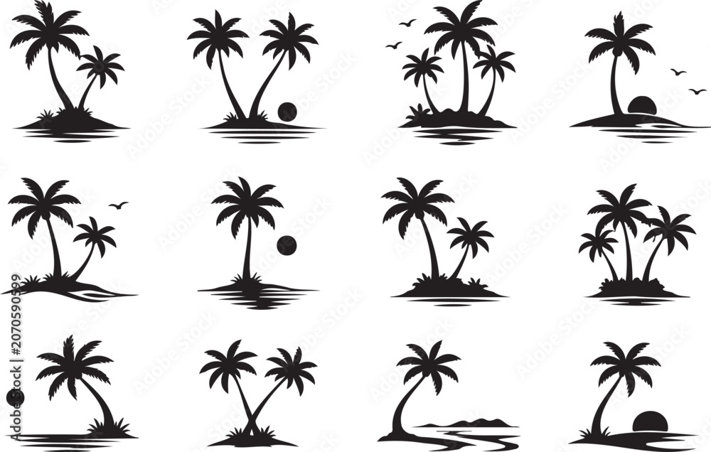 Fototapeta premium Palm tree silhouette icon set tropical beach symbols collection with black summer graphic elements
