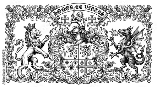 Fotografie heraldic crest, coat of arms, lion and dragon, honor et virtus, medieval shield,