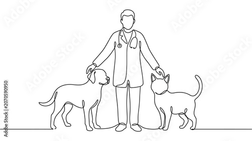 Continuous line drawing of a veterinarian with a dog and a cat.