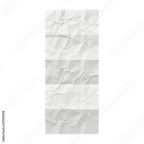 Long vertical piece of blank crumpled white paper with fold lines