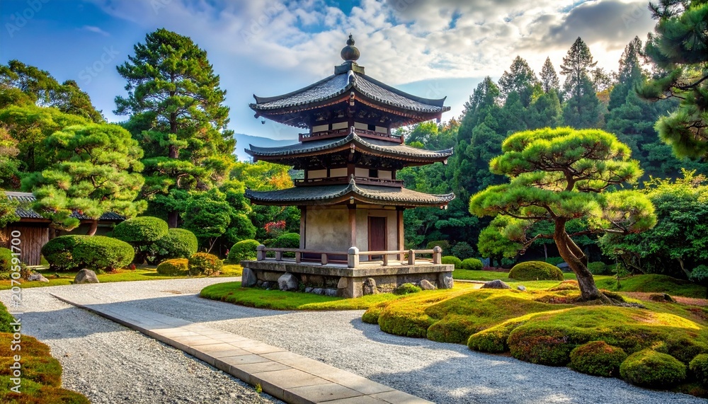 Obraz premium Stone Pagoda in Serene Temple Garden with Moss and Gravel Path