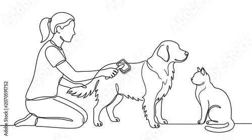 Continuous line drawing of a woman grooming a dog and cat.