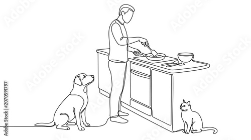 Continuous line art of a man cooking with his dog and cat.