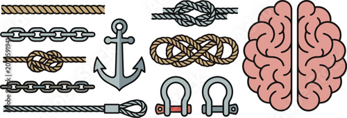 Photography Nautical rope nodes metal chain shackle and human brain color icon set for psych