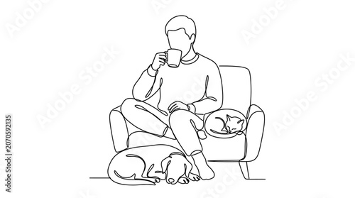 Continuous line art of a man relaxing on a chair with his pets.