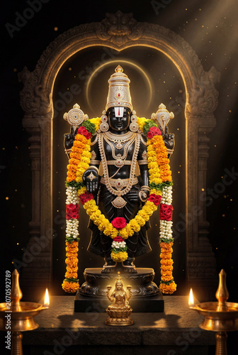 Spiritual depiction of Lord Balaji in a peaceful temple sanctum with ornate archway.