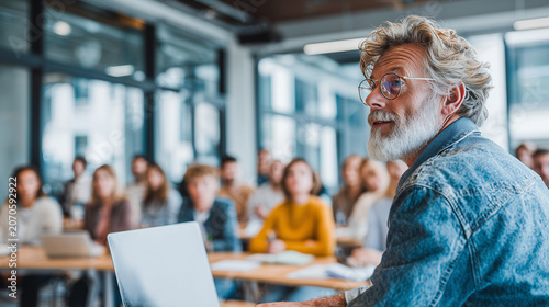 Experienced university professor leading interactive lecture for engaged students in modern classroom