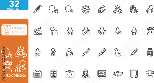 Obraz na plátně Sickness line editable Icons set