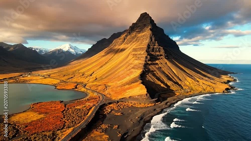 Majestic mountain rises from the sea, casting dramatic shadows under a golden sky.