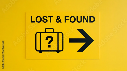 Distinctive 'Lost & Found' directional sign on a vibrant yellow wall, guiding towards retrieving misplaced baggage