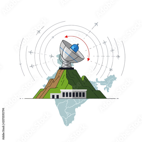 A radar dish monitors air traffic above a stylized mountain landscape