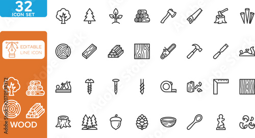 Wood working line editable Icons set. vector illustration. 32 editable line icons for carpentry and woodcraft. on transparent background.