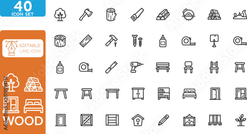 Wood working line editable Icons set. vector illustration. 40 editable line icons for carpentry and woodcraft. on transparent background.