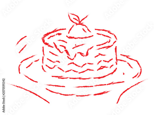Hand Drawn Layer Cake with Strawberry Topping Vector Illustration, Cute Birthday Dessert Sketch on Plate