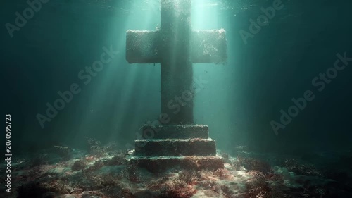Lost ancient civilization archeology fantasy. A serene underwater scene features a large, weathered stone cross. Sunlight filters through the water.