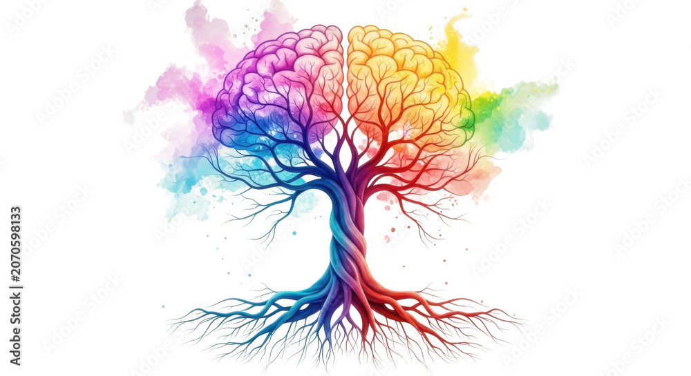 Obraz premium Vibrant rainbow brain tree symbolizing creativity knowledge growth and imagination transparent background black background