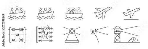 Bild auf Leinwand Migration icon set featuring refugee boat, airplane, barbed wire, guard watchtower and searchlight vector illustration