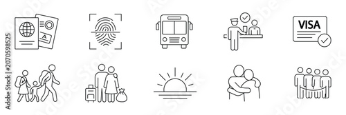 Obraz na plátně Immigration icon set featuring passport, visa, fingerprint, border control, refugees and travel vector illustration