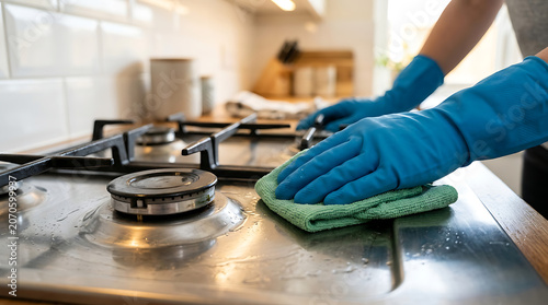 Person Cleaning Stainless Steel Gas Stove Surface with Green Cloth and Protective Blue Gloves