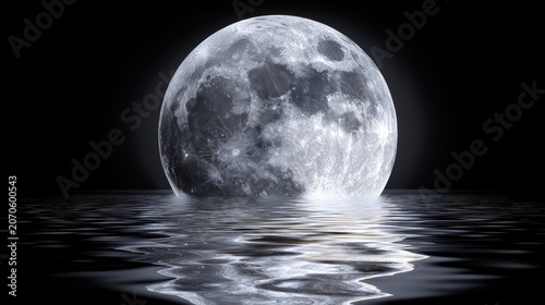 Lunar Reflection: A radiant full moon casts a brilliant glow, its celestial light shimmering and reflecting on the tranquil, rippling surface of the dark water below.