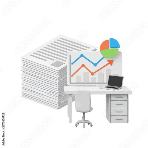 A digital workspace featuring a desk with charts and a large stack of documents