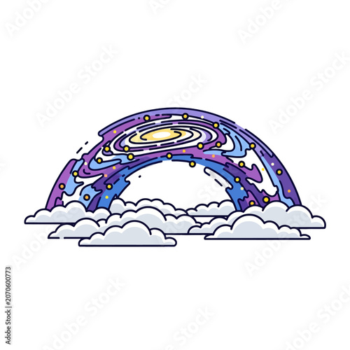 A colorful cosmic arch floating above a cluster of soft white clouds