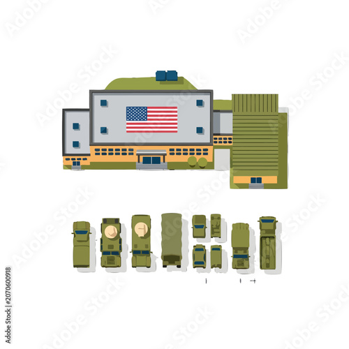 A top view of a government building with a fleet of parked military vehicles