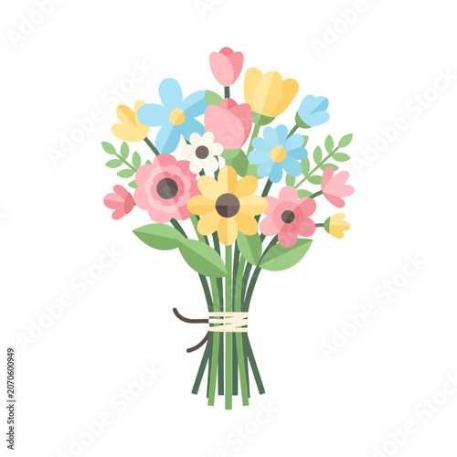 A vibrant bouquet of colorful spring flowers tied with a simple string