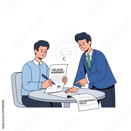 Two professional men reviewing a vehicle contract at a desk