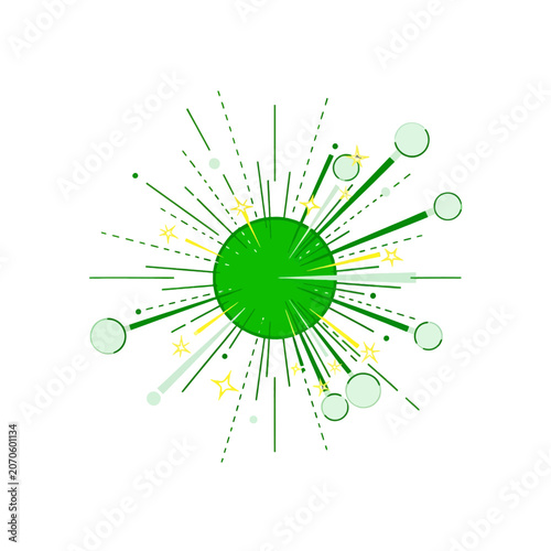 A vibrant green circular graphic with radiating lines and small star shapes