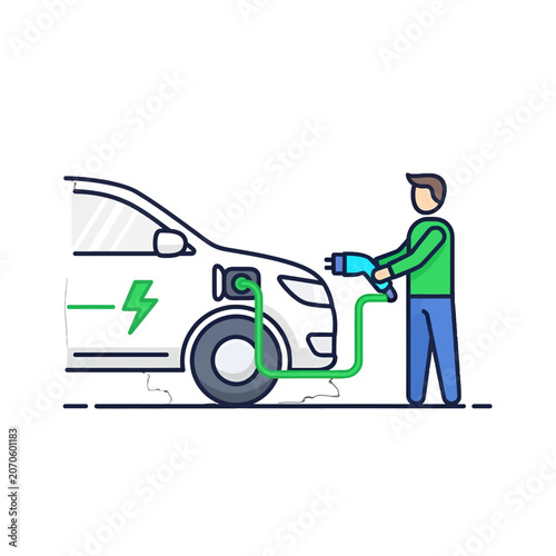 A person charging an electric vehicle with a power cable