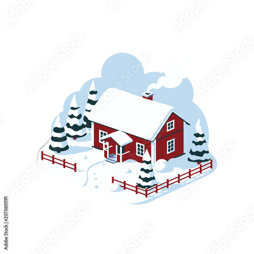 A cozy red cottage sits in a snowy landscape during the winter season