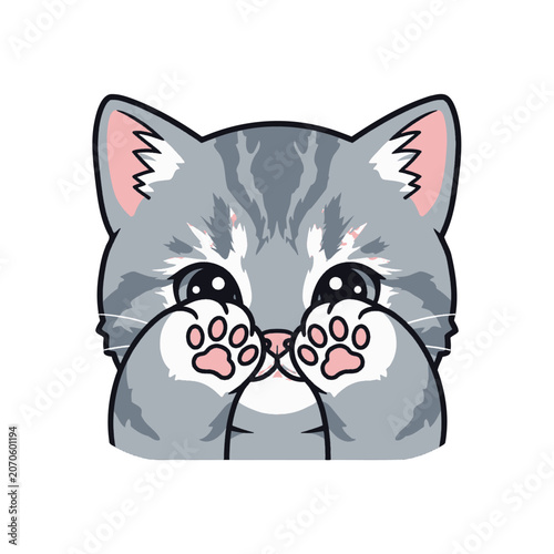 A cute cartoon illustration of a grey tabby kitten with raised paws