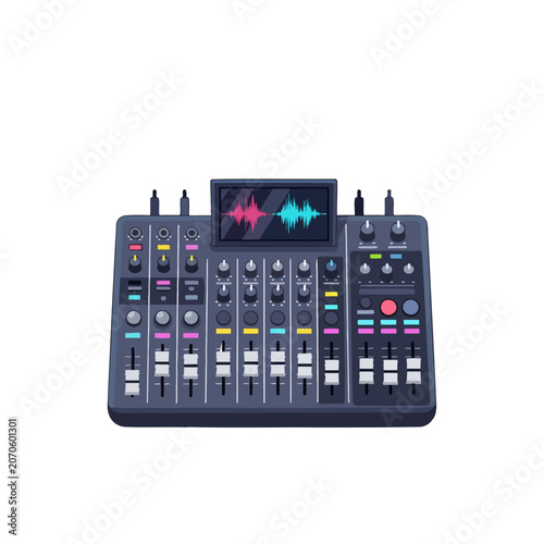 A professional audio mixing console with a digital display screen