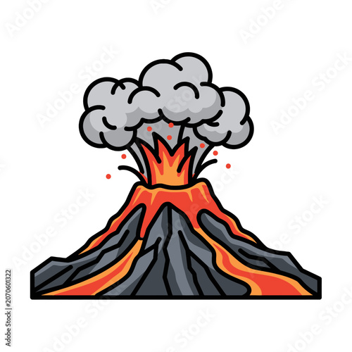 A stylized illustration of a volcanic eruption with smoke and lava