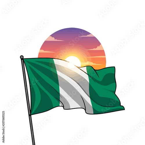 A green and white striped flag waves against a vibrant sunset background
