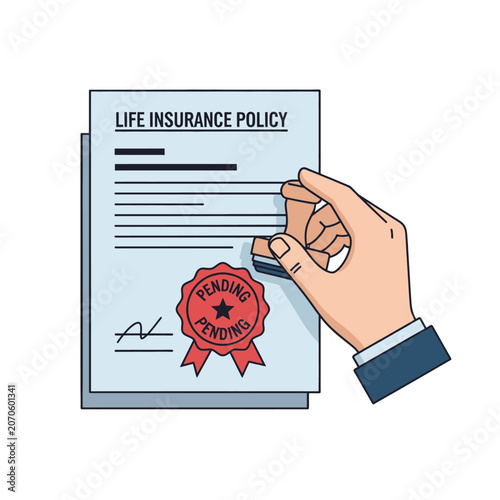 A hand holds a document with a red pending stamp on a white background