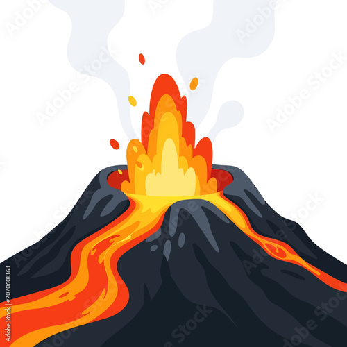 A vibrant illustration of a volcanic eruption with flowing lava
