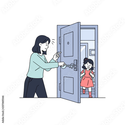 A mother opens the front door to welcome her young daughter home from school