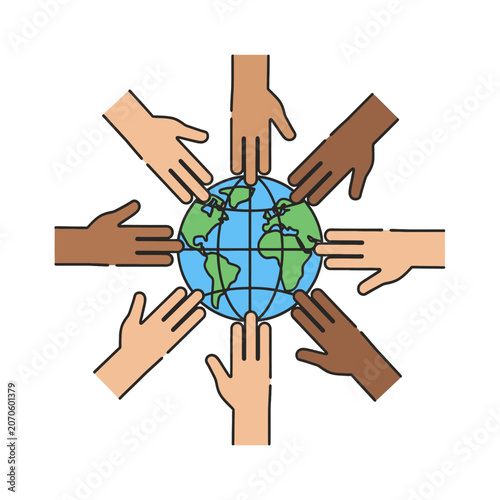 Diverse hands reaching toward a central globe illustration