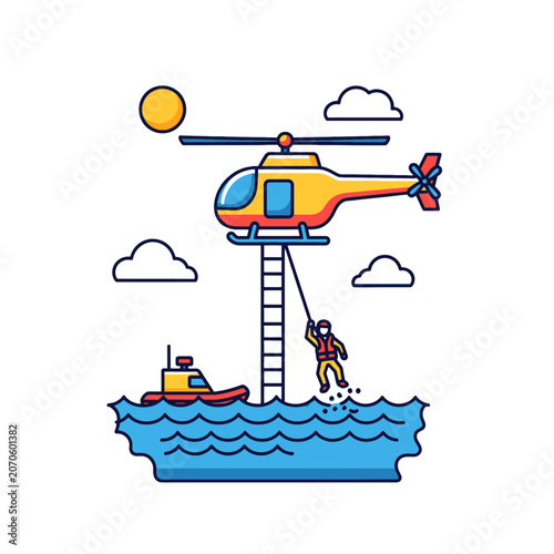 A rescue helicopter performs a water extraction of a person in the ocean