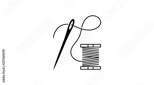 Sewing needle with thread and spool on white background