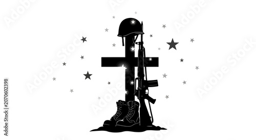 Photos Memorial tribute with helmet rifle and cross for fallen soldiers