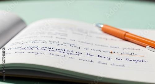Close-up of an open notebook with handwritten text and an orange pen, suggesting study and learning.