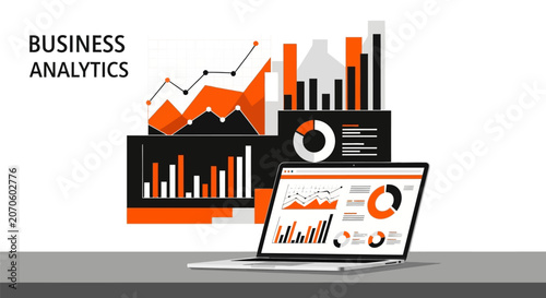 Business analytics graphs on laptop screen in modern office setting with orange and black color scheme for corporate finance