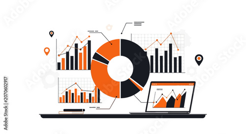 Infographic on laptop screen with business charts and graphs in modern flat design for data analysis and marketing