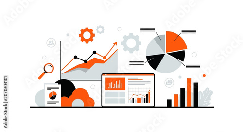 Business infographic in orange and gray colors with various charts and graphs in modern flat design for finance analysis