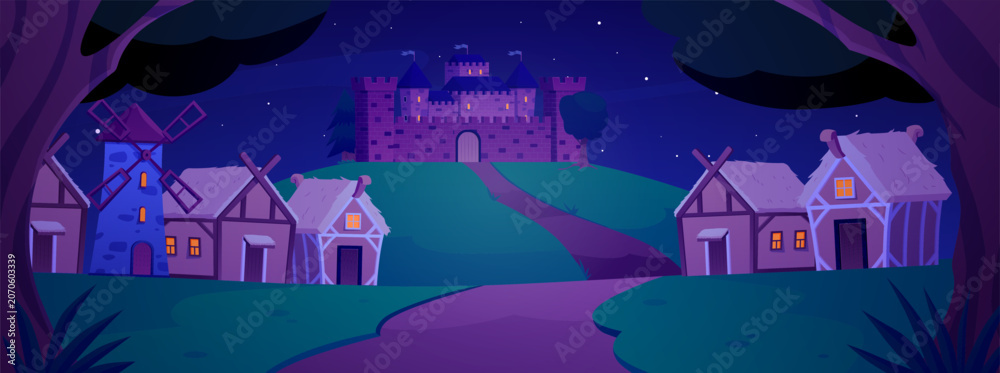 Naklejka premium Landscape of medieval kingdom in forest at night vector flat illustration, road to fortress castle and village houses