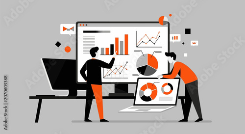 Business people analyzing data charts in modern office setting with orange and black color scheme in flat design for finance and statistics