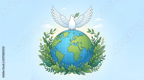 International peace day white dove holding olive branch above globe surrounded by leaves symbolizing global harmony and unity